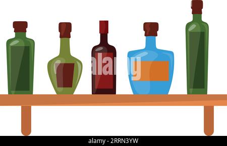 Alkoholflaschen auf Holzregal. Cartoon-Getränkespeicher isoliert auf weißem Hintergrund Stock Vektor