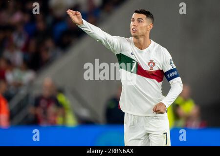 Bratislava, Slowakei. September 2023. Cristiano Ronaldo aus Portugal während der Qualifikationsrunde der Gruppe J der UEFA-Europameisterschaft 2024 zwischen der Slowakei und Portugal im Narodny Futbalovy stadion in Bratislava, Slowakei, am 8. September 2023 (Foto: Andrew SURMA/Credit: SIPA USA/Alamy Live News) Stockfoto