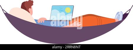Mann, der in einer Hängematte mit Laptop ruht. Urlaub entspannen isoliert auf weißem Hintergrund Stock Vektor