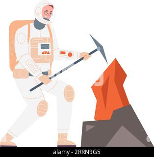 Der Mensch im Raumanzug, der Steine abbaut. Astronaut mit Spitzhacke, die den Planetenboden isoliert auf weißem Hintergrund erforscht Stock Vektor