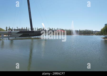 12.6.2022: Redwood Shores, Kalifornien: Luftaufnahme des Katamarans auf dem Oracle Campus, Redwood Shores, Kalifornien Stockfoto