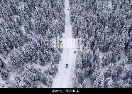 230113 -- ALTAY, 13. Januar 2023 -- dieses Luftbild vom 8. Januar 2023 zeigt ein Fahrzeug, das in der Kanas-Landschaft in der Präfektur Altay, der Autonomen Region Xinjiang Uygur im Nordwesten Chinas, fährt. Die Präfektur Altay ist bekannt für ihre lange Wintersaison, die bis zu acht Monate im Jahr dauern kann. Es zieht Skifahrer weltweit mit seiner riesigen Fläche an natürlichem Pulverschnee an. Die Region hat sich in den letzten Jahren zum Ziel gesetzt, den Wintertourismus anzukurbeln und Besucher mit Skifahren, Eisfischen und anderen Winteraktivitäten zu begeistern. Zwischen dem 2022. Dezember und dem 11. Januar 2023 wurden dort rund 1,02 Millionen Touristen aufgenommen. CHINA-XINJIANG-A Stockfoto