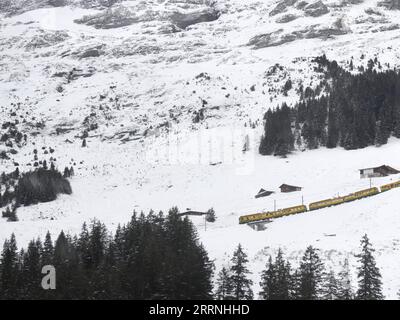 230114 -- GENF, 14. Januar 2023 -- Ein Personenzug fährt in der Jungfrau Region in der Schweiz, 12. Januar 2023. Das beliebte Ausflugsziel und Wintersportort Jungfrau in der Schweiz erwartet in naher Zukunft weitere chinesische Touristen und Sportfans. Mit Chinas kürzlich erfolgter Optimierung der COVID-19-Reaktion und der schrittweisen Wiederherstellung von Auslandsreisen chinesischer Staatsbürger hat sich Jungfrau auf einen Anstieg der chinesischen Touristen in dieser Skisaison vorbereitet. UM MIT DER Schweiz ZU GEHEN erwartet die Jungfrau mehr chinesische Touristen SCHWEIZ-JUNGFRAU-TOURISMUS LianxYi PUBLICATIONxNOTxINxCHN Stockfoto