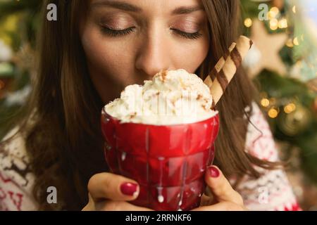 Weihnachten. Nahaufnahme einer Frau mit festlichem heißen Schokoladencocktail im Haus. Stockfoto