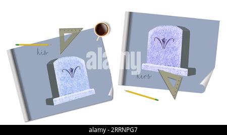 Die Bestattungsplanung wird in dieser 3D-Illustration mit Grabsteinen und auf Blaupapier gezeichneten Zeichenwerkzeugen in der Nähe dargestellt. Stockfoto