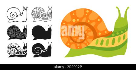 Schnecke mit trendigem Ornamentset. Lustige Mollusken-Silhouettenform oder -Symbol, Doodle-Tattoo, Stempel oder linear verzierte Schnecken-Zeichentricksammlung. Fröhliches abstraktes Comic-Design für Kinder. Detaillierter untergeordneter Vektor Stock Vektor