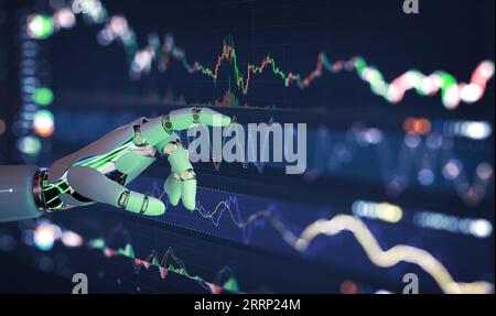 AI-Roboter, der Forex-Karten und -Diagramme von Hand berührt, Börsenanzeige an Bord. Investitionen und Handel an der Börse mit künstlicher Intelligenz Stockfoto