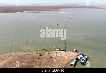 230217 -- JIUJIANG, 17. Februar 2023 -- dieses Luftbild zeigt Mitarbeiter, die am 15. Februar 2023 in der Gegend von Songmenshan am Poyang-See in der ostchinesischen Provinz Jiangxi eine Zusammenkunft von fussellosen Schweinswalen durchführen. Das Ministerium für Landwirtschaft und ländliche Angelegenheiten der Provinz Jiangxi und das Institut für Hydrobiologie der Chinesischen Akademie der Wissenschaften führten eine Mission zur Umsiedlung von Yangtze-Flossen-Schweinswalen durch und verlegten erfolgreich zwei weibliche Yangtze-Flossen-Schweinswale in das Nanbeigang-Gebiet des Poyang-Sees, um die ikonischen Arten besser zu schützen in Chinas längstem Fluss Yangtze. Aufgrund der Dürre im Stockfoto