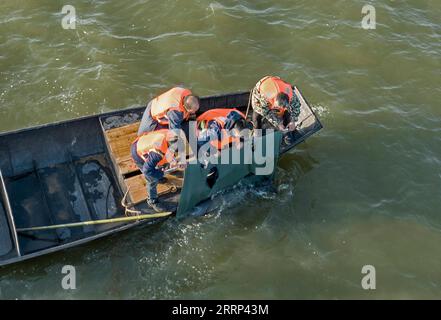 China, Auswilderung von Flussdelfinen 230217 -- JIUJIANG, 17. Februar 2023 -- Mitarbeiter entlassen einen fussellosen Schweinswal in sein neues Zuhause im Nanbeigang-Gebiet des Poyang-Sees im Hukou County, ostchinesische Provinz Jiangxi, 15. Februar 2023. Das Ministerium für Landwirtschaft und ländliche Angelegenheiten der Provinz Jiangxi und das Institut für Hydrobiologie der Chinesischen Akademie der Wissenschaften führten eine Mission zur Umsiedlung von Yangtze-Flossen-Schweinswalen durch und verlegten erfolgreich zwei weibliche Yangtze-Flossen-Schweinswale in das Nanbeigang-Gebiet des Poyang-Sees, um die ikonischen Arten besser zu schützen in Chinas längstem Fluss Yan Stockfoto