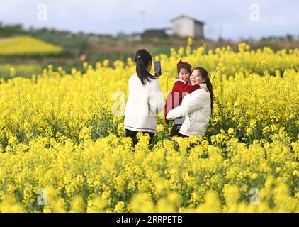 230318 -- HANZHONG, 18. März 2023 -- Touristen machen Fotos in cole Flower Fields im Yangxian County der Stadt Hanzhong, nordwestchinesische Provinz Shaanxi, 17. März 2023. Während die Temperatur allmählich steigt, haben die Blüten der cole viele Touristen nach Hanzhong gezogen. In den letzten Jahren wurde die ländliche Revitalisierung von Hanzhong durch die Entwicklung der ökologischen Landwirtschaft und des Tourismus stark gefördert. Foto von /Xinhua CHINA-SHAANXI-HANZHONG-COLE BLUMEN CN ZouxJingyi PUBLICATIONxNOTxINxCHN Stockfoto