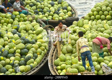 Bilder des Jahres 2023, News 03 März News Themen der Woche KW12 News Bilder des Tages 230322 -- DHAKA, 22. März 2023 -- Anbieter bewegen Wassermelonen auf einem Boot in der Nähe eines Großmarktes in Dhaka, Bangladesch, 21. März 2023. BANGLADESCH-DHAKA-WASSERMELONENHANDEL Salim PUBLICATIONxNOTxINxCHN Stockfoto