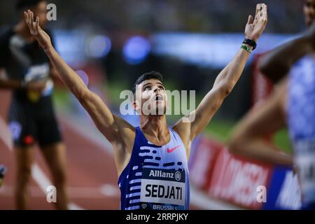 Brüssel, Belgien. September 2023. Djamel Sedjati aus Algerien reagiert nach dem 800-m-Finale der Männer beim Diamond League Athletics Meeting 2023 in Brüssel, Belgien, am 8. September 2023. Quelle: Zheng Huansong/Xinhua/Alamy Live News Stockfoto