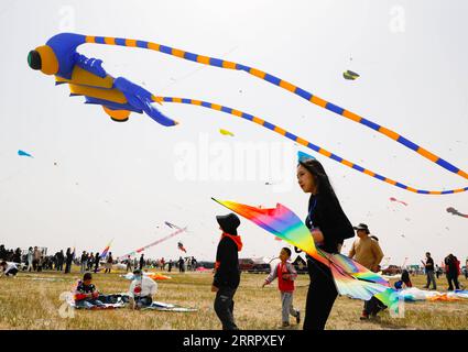 230415 -- WEIFANG, 15. April 2023 -- Touristen fliegen Drachen während des 40. Weifang International Kite Festivals in Weifang, Ostchinesische Provinz Shandong, 15. April 2023. Der Drachenfliegerwettbewerb des 40. Internationalen Kite Festivals in Weifang startete hier am Samstag. Foto von /Xinhua CHINA-SHANDONG-WEIFANG-KITE FESTIVAL CN SunxShubao PUBLICATIONxNOTxINxCHN Stockfoto