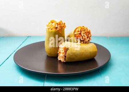 Gefüllte Zucchinihälften mit Hackfleisch, Reis und Gemüse auf einem schwarzen Teller, Seitenansicht aus der Nähe Stockfoto