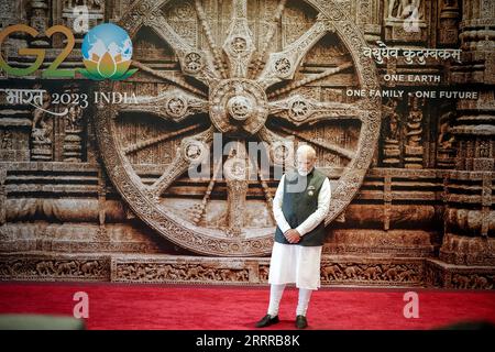 Neu Delhi, Indien. September 2023. Narendra Modi, Premierminister Indiens, wartet auf die Ankunft der Staats- und Regierungschefs zum G20-Gipfel. Quelle: Kay Nietfeld/dpa/Alamy Live News Stockfoto