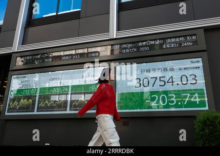 230524 -- TOKIO, 24. Mai 2023 -- Eine Frau kommt an einem Bildschirm vorbei, der Börseninformationen in Tokio, Japan, zeigt, 24. Mai 2023. Japans Benchmark-Nikkei-Aktienindex schloss am Mittwoch niedriger, als die Anleger nach den jüngsten Markterhöhungen weiterhin Gewinne einhielten, da die Bedenken über die US-Schuldenobergrenze und das Potenzial eines beispiellosen Zahlungsausfalls anhalten. Der Nikkei-Aktiendurchschnitt von 225 ging von Dienstag auf 30.682.68, 275,09 Punkte oder 0,89 Prozent zurück. Der weiter gefasste TOPIx-Index verlor inzwischen 9,09 Punkte oder 0,42 Prozent, um bei 2.152,40 zu schließen. JAPAN-TOKIO-STOCK Stockfoto