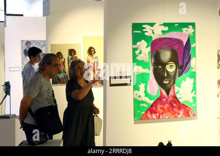 230524 -- KAIRO, 24. Mai 2023 -- Menschen besuchen eine Kunstausstellung während der ersten Ausgabe von Empower her Art Forum in Kairo, Ägypten, am 21. Mai 2023. ZU DIESEM Feature: Kunstausstellung im Kairoer Zivilisationsmuseum zeigt die Empowerment ÄGYPTENS-KAIROER-KUNSTAUSSTELLUNG AhmedxGomaa PUBLICATIONxNOTxINxCHN Stockfoto
