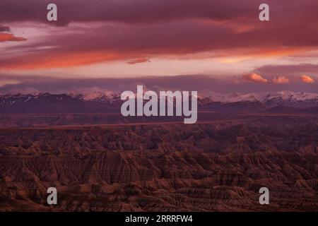 230527 -- LHASA, 27. Mai 2023 -- dieses Foto, das am 25. Mai 2023 aufgenommen wurde, zeigt die Landschaft des Erdwaldes bei Sonnenuntergang im Zanda County, im Südwesten Chinas autonome Region Tibet. Zanda ist berühmt für die einzigartige Landschaft des Erdwaldes, die durch geologische Bewegungen und Bodenerosion entstanden ist. Diese Wälder sehen gelblich aus, aber die Farbe variiert in verschiedenen Teilen. CHINA-TIBET-ZANDA-ERDE-WALDLANDSCHAFT CN FEIXMAOHUA PUBLICATIONXNOTXINXCHN Stockfoto