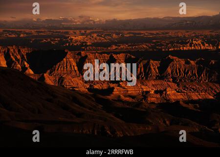 230527 -- LHASA, 27. Mai 2023 -- dieses Foto, das am 25. Mai 2023 aufgenommen wurde, zeigt die Landschaft des Erdwaldes bei Sonnenuntergang im Zanda County, im Südwesten Chinas autonome Region Tibet. Zanda ist berühmt für die einzigartige Landschaft des Erdwaldes, die durch geologische Bewegungen und Bodenerosion entstanden ist. Diese Wälder sehen gelblich aus, aber die Farbe variiert in verschiedenen Teilen. CHINA-TIBET-ZANDA-ERDE-WALDLANDSCHAFT CN FEIXMAOHUA PUBLICATIONXNOTXINXCHN Stockfoto