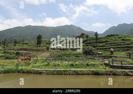 230528 -- HANGZHOU, 28. Mai 2023 -- dieses Foto, das am 25. Mai 2023 aufgenommen wurde, zeigt einen Blick auf das Reis-Fisch-Ko-Kultursystem im Longxian Village im Qingtian County in der ostchinesischen Provinz Zhejiang. ZU GEHEN MIT: In ganz China: Land-Land-Erbe-System wiederbelebt CHINA s Vereinten Nationen Dorf CHINA-ZHEJIANG-DORF-LANDWIRTSCHAFT ERBE-SYSTEM CN DuxXiaoyi PUBLICATIONxNOTxINxCHN Stockfoto