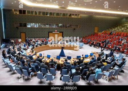 230531 -- VEREINTEN NATIONEN, 31. Mai 2023 -- dieses Foto, das am 30. Mai 2023 aufgenommen wurde, zeigt, wie Mitglieder des UN-Sicherheitsrates während der Sitzung des UN-Sicherheitsrates im UN-Hauptquartier in New York ihre Enthaltung zu einer Resolution über Sanktionen gegen Südsudan signalisieren. Der UN-Sicherheitsrat hat am Dienstag eine Resolution verabschiedet, um die Waffenembargo-Maßnahmen gegen Südsudan um ein Jahr bis zum 31. Mai 2024 zu verlängern sowie gezielte Sanktionen gegen Personen und Organisationen, die ein Einreiseverbot und ein Einfrieren von Vermögenswerten verhängen, zu verhängen. /UN-Foto/Handout über Xinhua UN-SICHERHEITSRAT-SANKTIONEN-SÜDSUDAN-Verlängerung EskinderxDebebe PUBLICAT Stockfoto