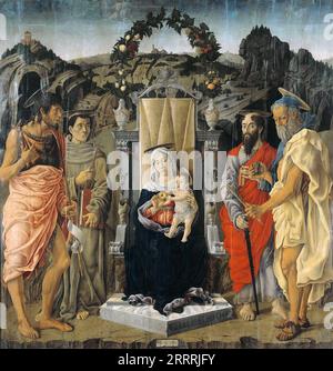 Marco Zoppo (1433-1478) - thronende Madonna mit Kind und St. Johannes der Täufer, Franz von Assisi, Paul und Jerome 1471 Stockfoto