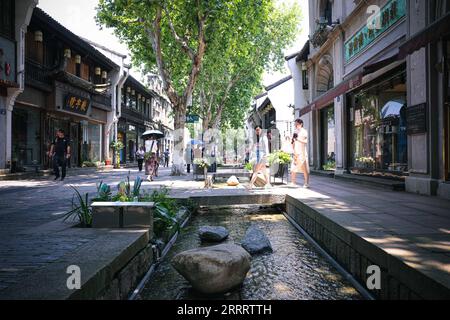 230614 -- HANGZHOU, 14. Juni 2023 -- Touristen schlendern entlang der Southern Song Imperial Street in Hangzhou, ostchinesische Provinz Zhejiang, 10. Juni 2023. Hangzhou mit seinem reichen kulturellen Erbe und seiner atemberaubenden natürlichen Schönheit hat sich als ein muss für Reisebegeisterte etabliert. CHINA-ZHEJIANG-HANGZHOU-ALTEHRWÜRDIGE STADT CN JIANGXHAN PUBLICATIONXNOTXINXCHN Stockfoto