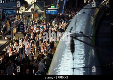 Hamburg, Deutschland. September 2023. Passagiere steigen an einem Fernbahnsteig am Hamburger Hauptbahnhof in einen Zug nach Köln ein. Ein Sabotageakt hatte den Fernverkehr der Deutschen Bahn zwischen Hamburg und Berlin am Vortag stark gestört. Mehr als 30 Züge wurden ganz oder teilweise gestrichen. Quelle: Gregor Fischer/dpa/Alamy Live News Stockfoto