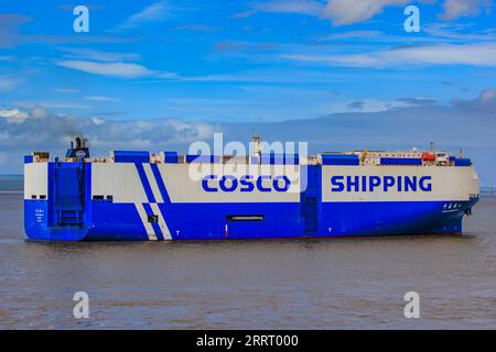 Der Transporteur Cosco Sheng Shi fährt in Richtung Royal Portbury Docks Stockfoto