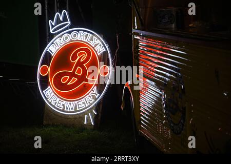 Brooklyn Brewery Signs während des Bonfire Festivals am Freitag in Linköping, Schweden. Stockfoto