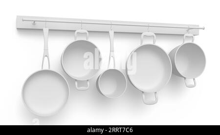 Set aus Edelstahl-Stewpot, Bratpfanne und verchromtem Aluminium-Kochgeschirr, das auf einem Regal auf monochromem Hintergrund hängt. 3D-Rendering der Kitch mit Antihaftbeschichtung Stockfoto