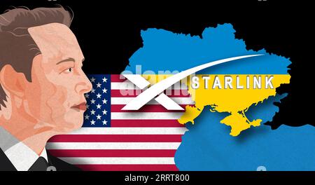 Porträt von Elon Musk vor dem Hintergrund der US-Flagge, Starlink-Logo und Karte der Ukraine. Stockfoto