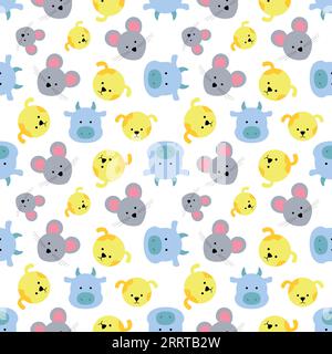 Nahtloses Muster mit niedlichen Haustieren, Kuh, Hund und Maus auf weißem Hintergrund. Vektorillustration. Gestaltung von Textilien, Bettwäsche, Verpackungen, Kindern Stock Vektor