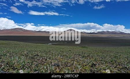 230717 -- ALTUN MOUNTAINS, 17. Juli 2023 -- dieses Luftbild vom 8. Juli 2023 zeigt Schneeberge im Altun Mountains National Nature Reserve im Nordwesten Chinas Xinjiang Uygur Autonomous Region. Mit einer durchschnittlichen Höhe von 4.580 Metern erstreckt sich das Altun Mountains National Nature Reserve über eine Gesamtfläche von 45.000 Quadratkilometern und ist ein Vertreter des Ökosystems der Plateauwüste in China. Wang Peng SKYEYECHINA-XINJIANG-ALTUN BERGE-NATURSCHUTZGEBIET CN HuxHuhu PUBLICATIONxNOTxINxCHN Stockfoto