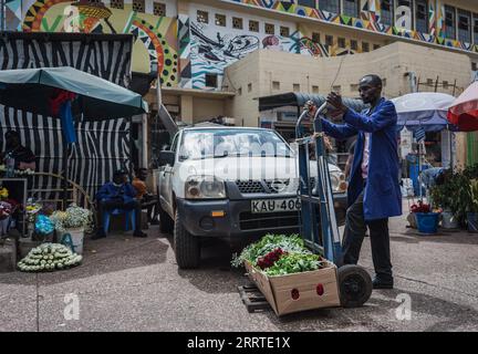 230720 -- NAIROBI, 20. Juli 2023 -- Ein Verkäufer transportiert Blumen, um sie auf einem Markt in Nairobi, Kenia, am 10. Juli 2023 zu verkaufen. China ist seit 14 Jahren der größte Handelspartner Afrikas. China und Afrika fördern dabei gemeinsam die Entwicklung im Rahmen der Initiative „Gürtel und Straße“ und eröffnen neue Wege der Zusammenarbeit. In den letzten Jahren hat der Export kenianischer Blumen nach China einen anhaltenden Aufwärtstrend erlebt, der durch Faktoren wie die Einrichtung von Direktflügen zwischen China und Afrika und die Optimierung der Zollverfahren vorangetrieben wurde. CHINA-AF Stockfoto