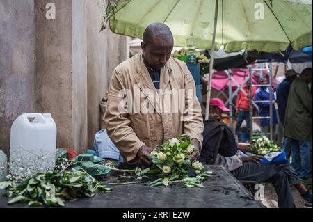 230720 -- NAIROBI, 20. Juli 2023 -- Ein Verkäufer schneidet Blumen, die auf einem Markt in Nairobi, Kenia, am 10. Juli 2023 verkauft werden sollen. China ist seit 14 Jahren der größte Handelspartner Afrikas. China und Afrika fördern dabei gemeinsam die Entwicklung im Rahmen der Initiative „Gürtel und Straße“ und eröffnen neue Wege der Zusammenarbeit. In den letzten Jahren hat der Export kenianischer Blumen nach China einen anhaltenden Aufwärtstrend erlebt, der durch Faktoren wie die Einrichtung von Direktflügen zwischen China und Afrika und die Optimierung der Zollverfahren vorangetrieben wurde. CHINA-AFRIKA- Stockfoto