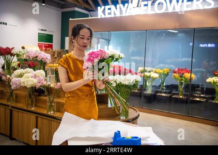 230720 -- CHANGSHA, 20. Juli 2023 -- Huang Zinan, Vorsitzende von Hunan Xiyue Culture Media Co., ltd., stellt einen Blumenstrauß mit Blumen aus Kenia auf dem Gaoqiao Grand Market in Changsha, Provinz Hunan, 10. Juli 2023 in Zentralchina, her. China ist seit 14 Jahren der größte Handelspartner Afrikas. China und Afrika fördern dabei gemeinsam die Entwicklung im Rahmen der Initiative „Gürtel und Straße“ und eröffnen neue Wege der Zusammenarbeit. In den letzten Jahren hat der Export kenianischer Blumen nach China einen anhaltenden Aufwärtstrend erlebt, der von Faktoren wie dem angetrieben wurde Stockfoto