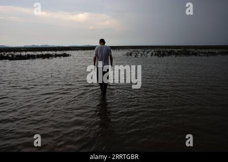 230724 -- YUEYANG, 24. Juli 2023 -- Doktor Chao Chuanxin, ein Mitglied der Dongting Lake Station for Wetland Ecosystem Research unter dem CAS, bereitet sich auf die Probenahme im östlichen Dongting Lake Nature Reserve, Provinz Hunan in Zentralchina, 9. Juli 2023 vor. Xie Yonghong ist Leiter der Dongting Lake Station for Wetland Ecosystem Research unter der Chinesischen Akademie der Wissenschaften CAS. Forscher führen Studien über das Ökosystem des Dongting Lake-Feuchtgebietes in dieser Station durch, die 2009 gegründet wurde. Xie Yonghong spielte seit seiner Gründung eine wichtige Rolle bei der Errichtung dieser Station Stockfoto