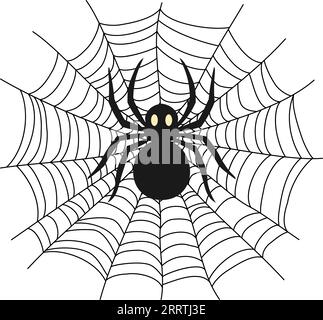 Eine schwarze Spinne auf einem Netz. Die Struktur von Insektenfallen. Deko für Halloween-Feierlichkeiten. Isolierte Grafikvorlage. Vektorillustration. Stock Vektor