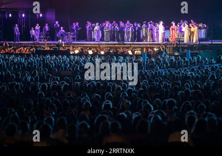 230804 -- TEL AVIV, 4. Aug. 2023 -- am 3. Aug. 2023 sehen die Menschen die Oper Madama Butterfly im Yarkon Park in Tel Aviv, Israel. Die israelische Oper feierte am Donnerstag den 20. Jahrestag der Tradition der Oper im Park mit Puccinis Madama Butterfly im Yarkon Park. ISRAEL-TEL AVIV-YARKON PARK-OPERA CHENXJUNQING PUBLICATIONXNOTXINXCHN Stockfoto