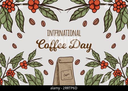 Hintergrundillustration des Internationalen Kaffeetages mit einem Kaffeebaum und einer Packung Kaffee Stock Vektor