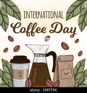 Handgezeichnete Illustration zum Internationalen Kaffeetag mit Tasse, Teekanne und einer Packung Kaffee Stock Vektor
