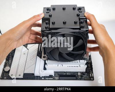 Installieren eines großen Kühlers auf einem Computerprozessor. Stockfoto