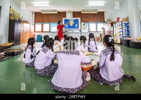 230806 -- SAMUT SAKHON, 6. August 2023 -- Ein Lehrer unterrichtet Schüler der Samchaiwitaedsuksa Schule, wie man die Maskottchen der Hangzhou Asienspiele in Samut Sakhon, Thailand, am 4. August 2023 zeichnet. SPTHAILAND-SAMUT SAKHON-STUDENTS-HANGZHOU ASIATISCHE SPIELE-MASKOTTCHEN WANGXTENG PUBLICATIONXNOTXINXCHN Stockfoto