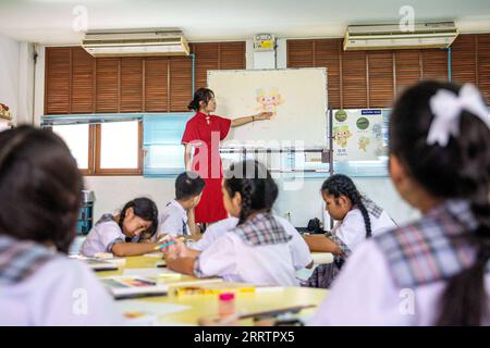 230806 -- SAMUT SAKHON, 6. August 2023 -- Ein Lehrer unterrichtet Schüler der Samchaiwitaedsuksa Schule, wie man die Maskottchen der Hangzhou Asienspiele in Samut Sakhon, Thailand, am 4. August 2023 zeichnet. SPTHAILAND-SAMUT SAKHON-STUDENTS-HANGZHOU ASIATISCHE SPIELE-MASKOTTCHEN WANGXTENG PUBLICATIONXNOTXINXCHN Stockfoto