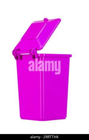 Rosafarbener Recyclingbehälter mit offenem Deckel isoliert auf weißem Hintergrund. Müll, Mülleimer. Datei enthält Beschneidungspfad. Stockfoto