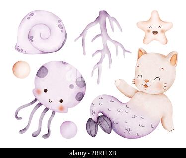 Aquarell Hand gezeichnet Baby Illustrationen Set von Katze Meerjungfrau, Seestern, Korallen, Quallen, Muscheln und Blasen. Perfekt für Drucke, Poster, Textilien Stockfoto