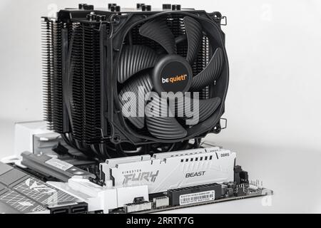 Installieren eines BE Quiet CPU-Kühlers Dark Rock Pro 4 auf der Hauptplatine. Stockfoto