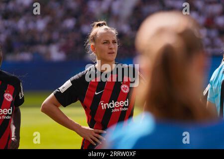 Frankfurt, Deutschland. September 2023. Frankfurt, 9. September 2023: Virginia Kirchberger ( 13 Frankfurt ) während des UEFA-Champions-League-Fußballspiels zwischen Eintracht Frankfurt und Juventus Turin im Deutschen Bank Park in Frankfurt. (Julia Kneissl/SPP) Credit: SPP Sport Press Photo. Alamy Live News Stockfoto