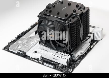 Installieren eines BE Quiet CPU-Kühlers Dark Rock Pro 4 auf der Hauptplatine. Stockfoto